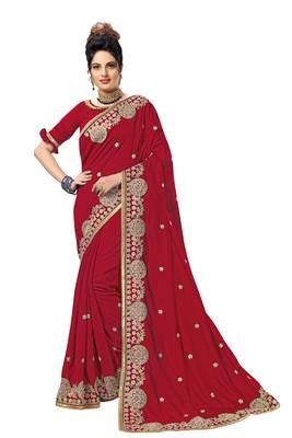 Red embroidered satin saree with blouse 1