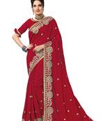 Red embroidered satin saree with blouse