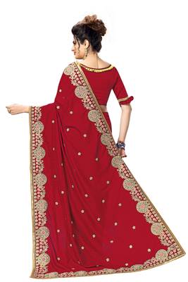Red embroidered satin saree with blouse 2