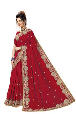 Red embroidered satin saree with blouse 3
