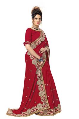 Red embroidered satin saree with blouse 4