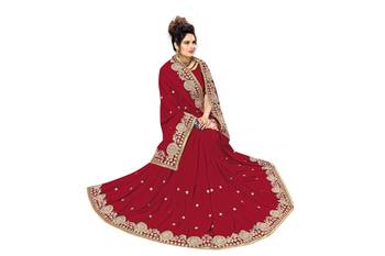 Red embroidered satin saree with blouse 5