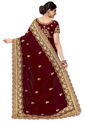 Trendmalls Brown embroidered silk  Traditional Wedding Party Wear Bridal Saree with Blouse  2