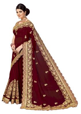 Trendmalls Brown embroidered silk  Traditional Wedding Party Wear Bridal Saree with Blouse  3