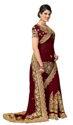 Trendmalls Brown embroidered silk  Traditional Wedding Party Wear Bridal Saree with Blouse  4
