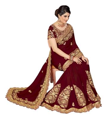 Trendmalls Brown embroidered silk  Traditional Wedding Party Wear Bridal Saree with Blouse  5