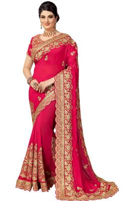 Trendmalls Pink embroidered silk   Traditional Wedding Party Wear Bridal Saree With Blouse   1
