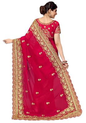 Trendmalls Pink embroidered silk   Traditional Wedding Party Wear Bridal Saree With Blouse   2
