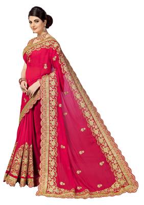 Trendmalls Pink embroidered silk   Traditional Wedding Party Wear Bridal Saree With Blouse   3