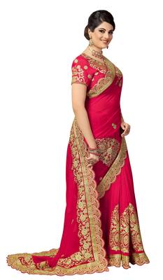 Trendmalls Pink embroidered silk   Traditional Wedding Party Wear Bridal Saree With Blouse   4