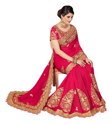 Trendmalls Pink embroidered silk   Traditional Wedding Party Wear Bridal Saree With Blouse   5