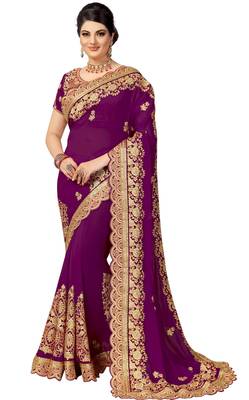 Purple embroidered silk saree with blouse 1