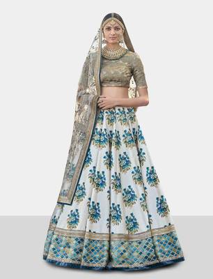 Blue Thread Embroidery Silk Semi Stitched Lehenga 1