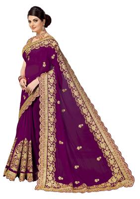 Purple embroidered silk saree with blouse 3