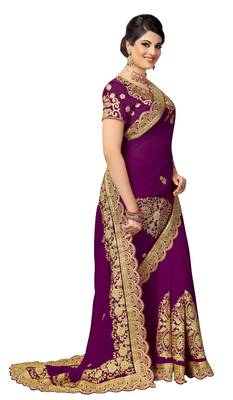 Purple embroidered silk saree with blouse 4