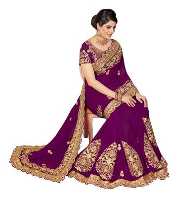 Purple embroidered silk saree with blouse 5