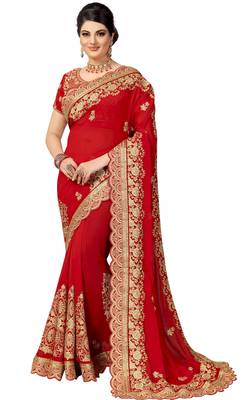Trendmalls Red embroidered silk  Traditional Wedding Party Wear Bridal Saree with Blouse  1