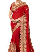 Trendmalls Red embroidered silk  Traditional Wedding Party Wear Bridal Saree with Blouse 