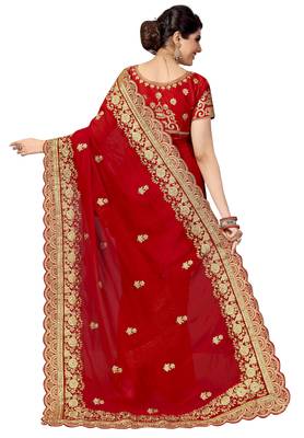Trendmalls Red embroidered silk  Traditional Wedding Party Wear Bridal Saree with Blouse  2
