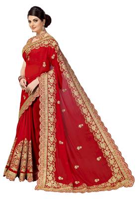 Trendmalls Red embroidered silk  Traditional Wedding Party Wear Bridal Saree with Blouse  3