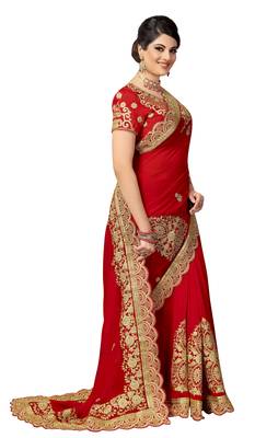 Trendmalls Red embroidered silk  Traditional Wedding Party Wear Bridal Saree with Blouse  4