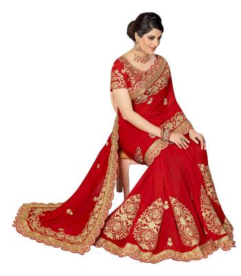 Trendmalls Red embroidered silk  Traditional Wedding Party Wear Bridal Saree with Blouse  5