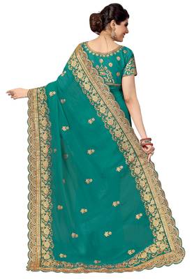 Green embroidered silk saree with blouse 2