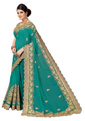 Green embroidered silk saree with blouse 3