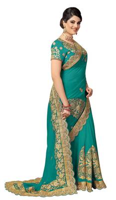 Green embroidered silk saree with blouse 4