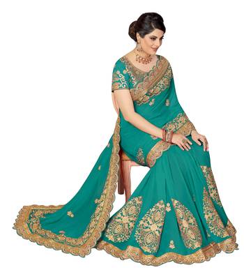 Green embroidered silk saree with blouse 5