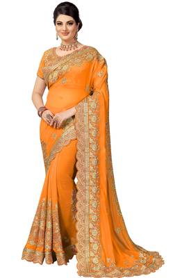 Yellow embroidered silk saree with blouse 1