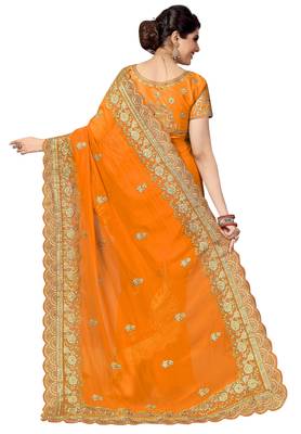 Yellow embroidered silk saree with blouse 2