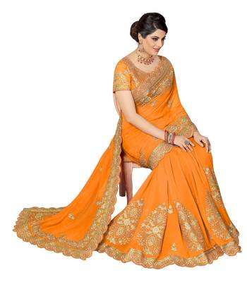 Yellow embroidered silk saree with blouse 5