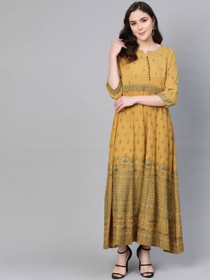 Mustard printed liva long-kurtis 1