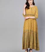 Mustard printed liva long-kurtis
