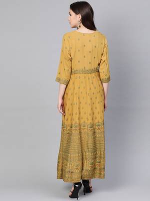 Mustard printed liva long-kurtis 2