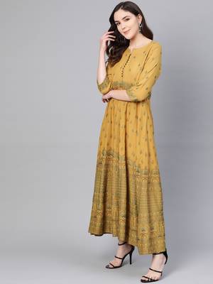 Mustard printed liva long-kurtis 3