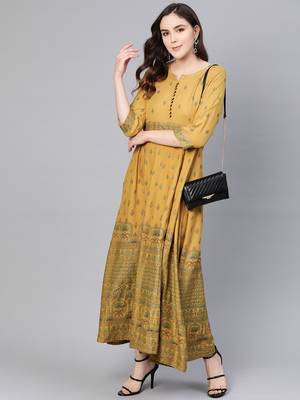 Mustard printed liva long-kurtis 4