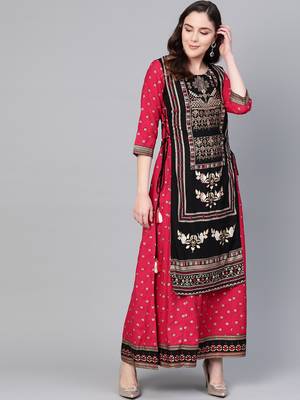 Black printed rayon long-kurtis 1