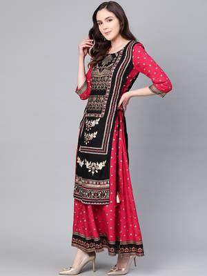 Black printed rayon long-kurtis 3