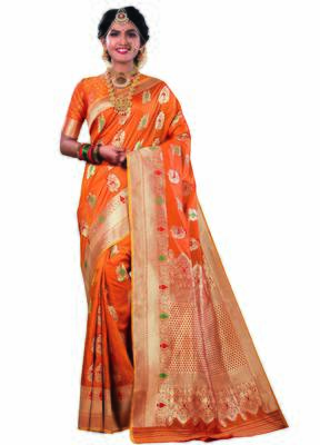 Orange woven satin saree with blouse 1