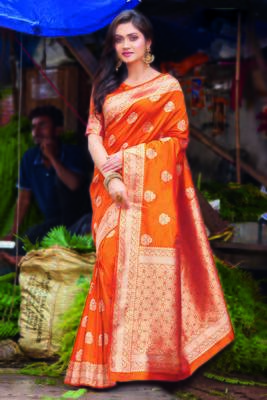 Orange woven satin  saree with blouse 1