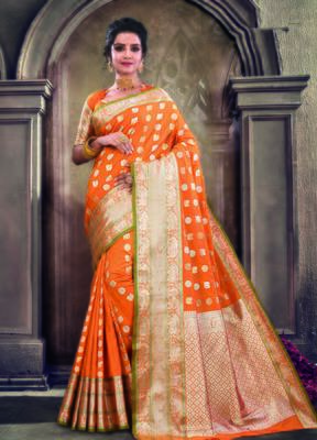 Orange  woven satin saree with blouse 1