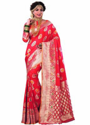 Red woven satin saree with blouse 1