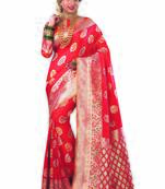 Red woven satin saree with blouse