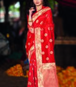 Red woven satin  saree with blouse
