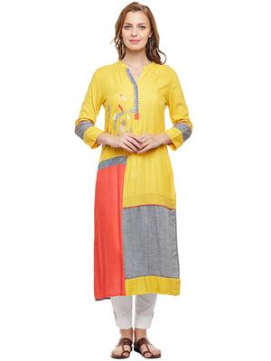 Women Yellow Rayon Embroidered Long Kurta 1