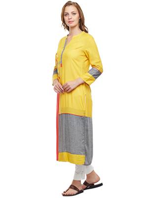 Women Yellow Rayon Embroidered Long Kurta 3