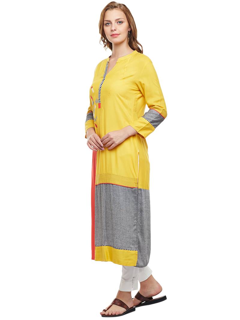 Women Yellow Rayon Embroidered Long Kurta