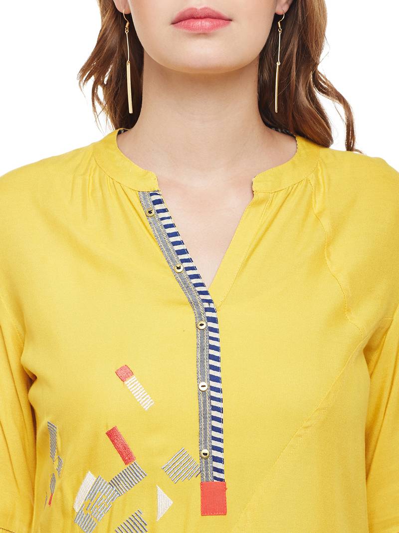 Women Yellow Rayon Embroidered Long Kurta